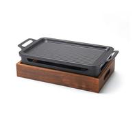 KESOTO Plateau Chauffant Rectangulaire Gril de Table Plaque Poêle Réchaud en Alliage d'Aluminium avec Support en Acier et Base Bois Surface Rainurée pour, 27cm 20cm 10cm