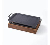 KESOTO Plateau Chauffant Rectangulaire Gril de Table Plaque Poêle Réchaud en Alliage d'Aluminium avec Support en Acier et Base Bois Surface Rainurée pour, 35cm 23cm 10cm