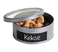 KESPER Boîte de rangement avec fenêtre dans le couvercle, fabriquée en fer blanc, boîte à biscuits avec champ inscriptible, dimensions : 8,3 x 19,8 cm, 38235