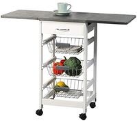 Kesper Chariot de Cuisine Mobile avec Plan de Travail Pliable, 3 étages, tiroir, paniers pliés, env. 100 cm, Bois FSC Blanc/Gris