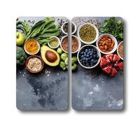 KESPER - Plaque à découper en verre, matériau : verre de sécurité ESG, dimensions : 50 x 28,5 cm, épaisseur : 0,4 cm, hauteur du pied : 0,3 cm, motif : Healthy Kitchen gris/vert - rouge/bleu - 3754313