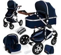 KESSER® 3en1 poussette combinée trio landau complet avec baignoire bébé et siège de sport pour et siège auto bleu/argent