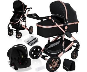 KESSER® 3en1 poussette combinée trio landau complet avec baignoire bébé et siège de sport pour et siège auto noir/or rose