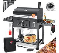 KESSER® Barbecue au charbon de bois XXL, couvercle, roues, poignée en acier inoxydable, thermomètre, grille, brosse, couvercle, 8 brochettes avec sac, pinceau en silicone, sur pied, chariot à charbon