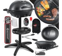 KESSER® Barbecue électrique 2 en 1, sur pied, couvercle, thermomètre, 2400 W, revêtement antiadhésif, plaque de cuisson XXL, rangement intégré