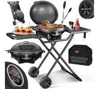 KESSER Barbecue électrique de table 2 en 1 - Barbecue sur pied avec couvercle - Maximum 2400 W - Pliable - Thermostat - Revêtement antiadhésif - Plaque de cuisson - 2 roues - Avec couvercle et pince