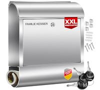 KESSER® Boîte aux lettres XXL en acier inoxydable avec compartiment à journaux, brossé, 3 clés verrouillables, revêtement par pulvérisation, montage mural, grande fente avant : DIN C4 = DIN A4 avec
