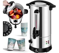 KESSER Bouilloire à vin chaud 6,8 l en acier inoxydable avec 10 gobelets - Bouilloire à vin chaud avec thermostat - Distributeur d'eau chaude - Indicateur de niveau - Robinet - Argenté