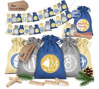 KESSER® Calendrier de l'Avent à remplir avec 24 sacs en toile de jute 16 x 12 cm - Sacs imprimés - Calendrier de Noël pour enfants - À remplir soi-même - Avec 24 étiquettes + 1 grand sac de