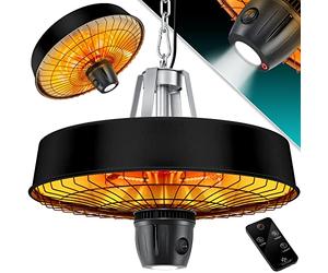 KESSER® Chauffage radiant de plafond Champignon chauffant Chauffage radiant infrarouge 2500W de terrasse avec télécommande à quartz | Lumière LED avec chaîne + mousqueton Élément chauffant en carbone