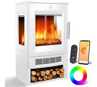 KESSER® Cheminée électrique avec chauffage, fenêtre panoramique, ventilateur chauffant, effet de flamme LED avec 9 modes de couleur, télécommande, application WiFi, 900/1800 W, avec thermostat (Blanc)