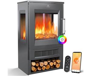 KESSER® Cheminée électrique avec Chauffage, fenêtre panoramique, Ventilateur Chauffant, Effet de Flamme LED avec 9 Modes de Couleur, télécommande, Application WiFi, 900/1800 W, (Anthracite)
