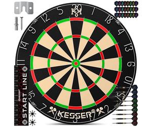 KESSER® Cible de fléchettes en liège avec 9 fléchettes Professionnelles + 21 ailettes Pro + Accessoires - Fléchettes en Acier - Pointe en métal Professionnelle - Jeu de fléchettes avec kit de Montage