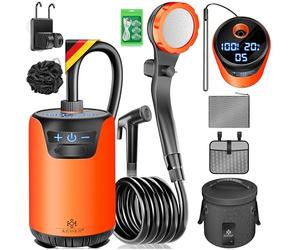 KESSER® Douche de camping solaire avec pompe et batterie rechargeable 8000mAh Douche mobile | Ensemble de douche de camping comprenant un pommeau de douche réglable, un tuyau de 2m, une pistolet à eau