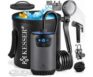 KESSER® Douche de camping solaire + pompe et batterie 8000 mAh - Kit de douche mobile avec pommeau de douche, tuyau de 2 m, pistolet pulvérisateur, support et réservoir d'eau de 20 l - Pour camping
