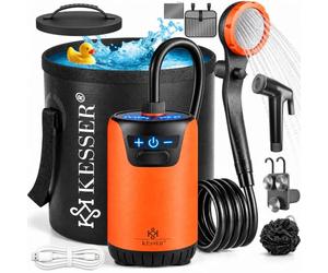 KESSER® Douche solaire de camping avec pompe et batterie rechargeable 4000 mAh - Kit de douche de camping avec pommeau de douche réglable, tuyau de 2 m, pistolet pulvérisateur et support