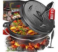 KESSER® Dutch Oven Set BBQ 12 litres, Marmite à feu avec Pieds, Casserole en Fonte avec Anse pour soulever Le Couvercle et Fente pour Le thémomètre, marmite de Cuisson