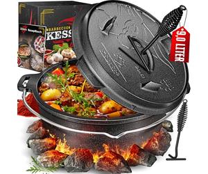 KESSER® Dutch Oven Set BBQ 9 litres, Marmite à feu avec pieds, Casserole en fonte avec anse pour soulever le couvercle et fente pour le thermomètre, marmite de cuisson