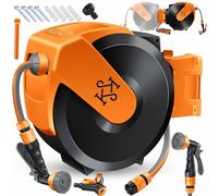 KESSER® Enrouleur de tuyau d'arrosage, 25 m, pour montage mural, pivotant à 180 ° et enroulement automatique, distributeur de tuyau mural, avec douchette à main 7 fonctions