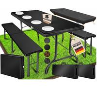 KESSER® Ensemble table et 2 bancs - Table de buffet pour l'intérieur et l'extérieur - Pliable - 183 x 76 x 74 cm - En plastique - Aspect rotin - Avec couvercle et poignées de transport