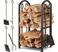 KESSER® Étagère pour bois de cheminée, lot de 5 pièces - 2 étages en métal - Pour l'intérieur et l'extérieur - Avec 4 outils de cheminée - En acier - 40 x 30 x 74,5 cm - Réglable, Doré/noir