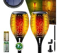 KESSER® Flambeau de jardin Set de lampes solaires Flamme avec support mural + piquet de terre Capteur de lumière Résistant aux intempéries Lampe solaire de jardin Torche I Lot de 2-96 LED + USB