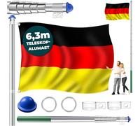 KESSER® Hampe de drapeau télescopique en aluminium | Mât de drapeau de 6,30 m avec douille au sol | Support de banderole | Drapeau allemand résistant aux intempéries avec mât (Silber)