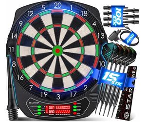 KESSER® Jeu de fléchettes électronique Professionnel, avec 15 fléchettes + 35 ailettes Pro 100 Pointes de flèches + Accessoires pour 1 à 8 Joueurs Distributeur électronique innovant avec 65 Variantes