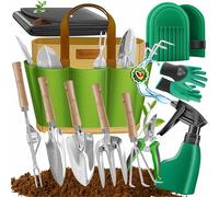 KESSER® Lot de 10 outils de jardinage avec poignées ergonomiques en bois avec sac étanche en tissu Oxford 600D, genouillères, tapis de plantation, vaporisateur, sécateur, gants pour le jardinage