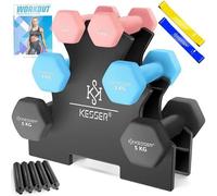 KESSER® Lot de 3 paires d'haltères courts de 1 kg à 5 kg, 12 kg ou 18 kg avec support de rangement, salle de gym, musculation, en néoprène antidérapant, avec livret d'exercices, 2 bandes de fitness