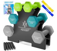 KESSER® Lot de 3 paires d'haltères courts de 1 kg à 5 kg, 12 kg ou 18 kg avec support de rangement, salle de gym, musculation, en néoprène antidérapant, avec livret d'exercices, 2 bandes de fitness