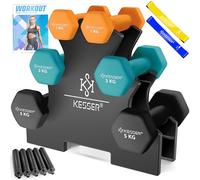 KESSER® Lot de 3 paires d'haltères courts de 1 kg à 5 kg, 12 kg ou 18 kg avec support de rangement, salle de gym, musculation, en néoprène antidérapant, avec livret d'exercices, 2 bandes de fitness