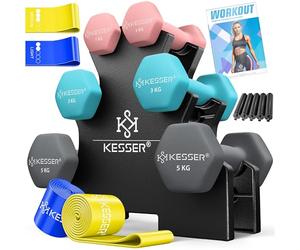 KESSER Lot de 3 paires d'haltères courts de 1 kg à 5 kg, 12 kg ou 18 kg avec support de rangement, salle de gym, musculation, en néoprène antidérapant, avec livret d'exercices, 2 bandes de fitness