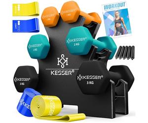KESSER Lot de 3 paires d'haltères courts de 1 kg à 5 kg, 12 kg ou 18 kg avec support de rangement, salle de gym, musculation, en néoprène antidérapant, avec livret d'exercices, 2 bandes de fitness