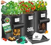 KESSER® Lot de 3 sacs de plantation pour pommes de terre, 38 l, en non-tissé, avec étiquettes nominatives, avec fenêtre et poignées, lavables avec gants et tapis de travail, noir