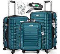 KESSER® Lot de 3 valises rigides - Valises de voyage à roulettes - 4 roulettes - En ABS - Poignée télescopique - Avec balance et étiquette à bagages - Serrure, Vert pétrole., Classique