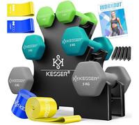 KESSER Lot d'haltères 3 paires 1 kg - 5 kg - 12 kg ou 18 kg - haltères avec support - Gym - Entraînement de force - Ensemble d'haltères antidérapants en néoprène - Avec cahier d'exercices - 2 bandes