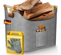 KESSER® Panier à bois de chauffage 90 litres | Sac à bois de cheminée en feutre extra épais | Panier à bois de chauffage pliable avec poignées en bois renforcées | Panier de rangement pour bois,