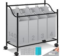 KESSER Panier à linge 4 poches amovibles, 4 compartiments 35 litres, 12 instructions de lavage, roues 360°, sélection linge, gris