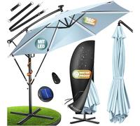 KESSER® Parasol déporté solaire LED en aluminium avec housse, télécommande et manivelle - Parasol à manivelle avec support - Fonction 360 ° - Protection UV - Aluminium imperméable (bleu clair, 350 cm)