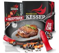 KESSER Poêle en fonte ronde 26 cm | Poêle à frire en induction | Poêle pour barbecue à gaz, four et barbecue au charbon | Poêle à steak pré-cuit | Poignées de protection
