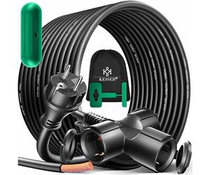 KESSER® Rallonge 3 prises 250 V avec capuchon de protection - Câble électrique pour intérieur et extérieur - IP44 - Contact de protection - Résistant à l'huile et aux UV, 15m - avec distributeur, Noir