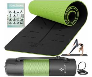 KESSER® Tapis de gymnastique avec sangle antidérapante TPE de yoga rembourré et antidérapant Tapis de fitness, 183x61 Tapis d'entraînement pour le fitness Tapis de sport Pilates, noir/Vert clair