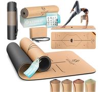 KESSER Tapis de yoga en liège avec bandoulière et bloc de yoga, tapis antidérapant en caoutchouc naturel TPE, 183 x 62 cm, tapis d'entraînement pour fitness, sport, gymnastique, extra épais