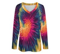 KETAFOUND Couleurs Mélangées Femme T-Shirt À Manches Longues Tie-Dye Psychédélique Col en V Haut Tops Chemisier 3XL Ample Et Confortable Style Hippie Parfait pour Le Printemps, L'Automne Et l'hiver