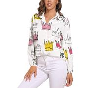 KETAFOUND Couronne Dessin Animé Chemisier Femme Manche Longue Col en V Bouton Manches Longues Tops Blanc Lâche Respirant T-Shirts Grande Taille Pas Cher, Style Simple Haut Doux, Confortable