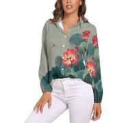 KETAFOUND Élégant Stylé Chemise Femme À Manches Longues Col en V Élégant, Poignets Élastiques pour Un Confort Optimal, Lotus, Feuille Lotus Chemise Ample Boutonnée pour Le Travail, Vert