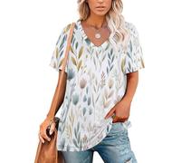 KETAFOUND Estampes Aquarelles Fleurs Sauvages Et Feuilles T-Shirt Oversize À Col en V pour Femmes Top Tunique Style Campagnard Tombantes T Shirt Ample Blanc