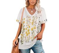 KETAFOUND Femmes Imprimé Floral Champêtre T-Shirt Mode Décontracté Col en V À Manches Courtes Style Campagnard Été Hauts Basique T-Shirts, Beige