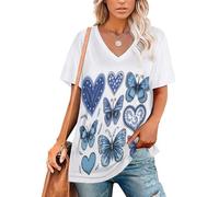 KETAFOUND Femmes Motif Cœur Bleu Et Papillon T-Shirt Mode Décontracté Col en V À Manches Courtes Style Graffiti Dessiné À La Main Été Hauts Basique T-Shirts, Blanc